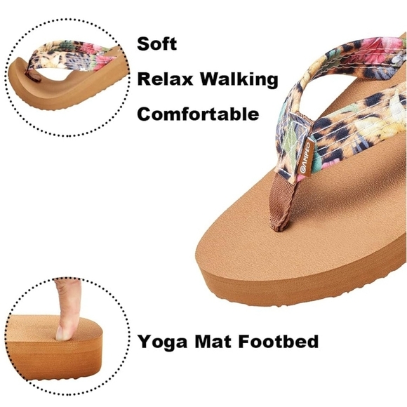 Ampeo Womens Comfy Yellow Leopard Flip Flop Thong Sandals Arch Support Cushioned - Picture 7 of 10